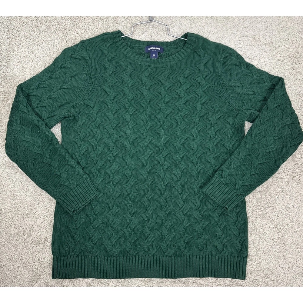 Lands End Drifter Sweater Green Cotton Basket weave Knit‎ Women's M Coastal Core